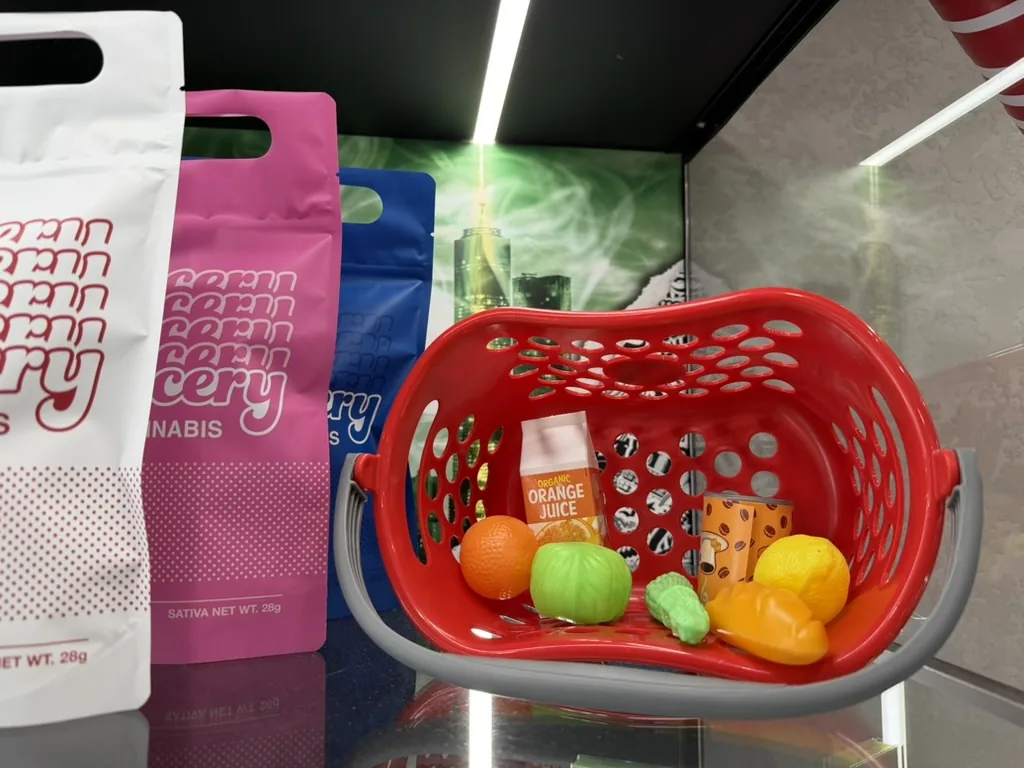 Licensed marijuana dispensary interior with lab-tested products on display